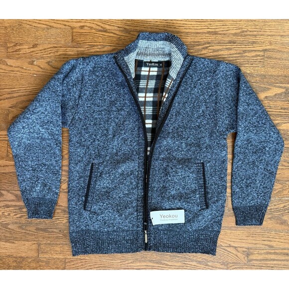 Yeokou Men’s Full Zip Fleece Lined Knit Sweater Jacket M Gray Blue Cashmere Wool - Picture 1 of 10